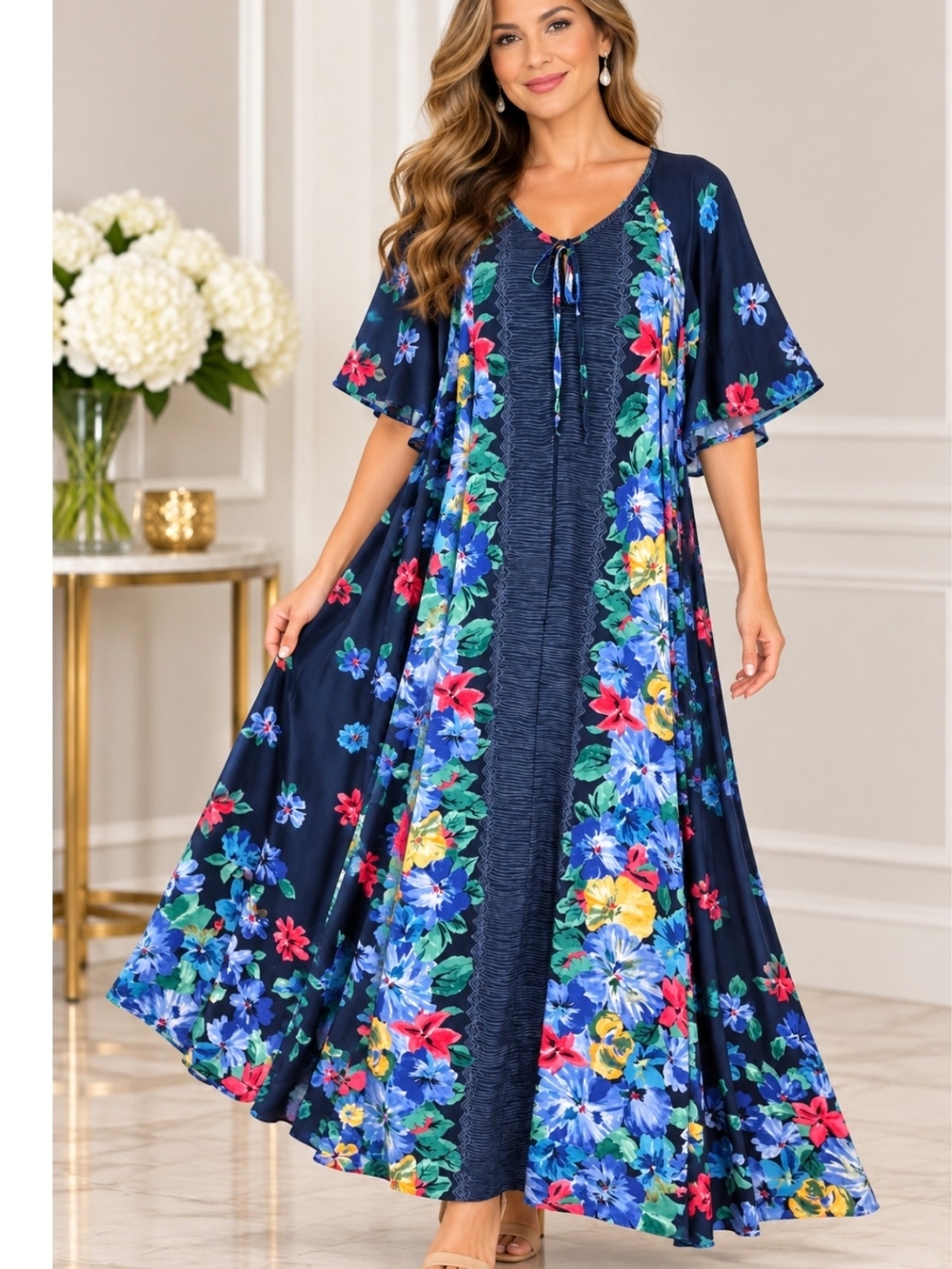 Within Floral Maxi Dress Navy Blue Colorful Flowers Short Sleeve Boho